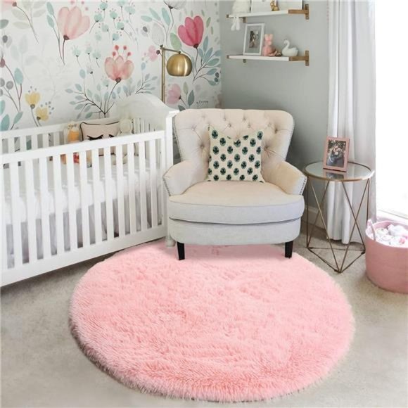 Pink Round Rug for Girls Bedroom,Fluffy Circle Rug5'X5'for Kids Room,FurryCarpet - Picture 2 of 6